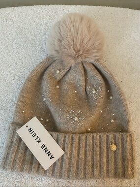 Anne Klein Taupe Knit Beanie with Faux Fur Pom and Pearl Accents